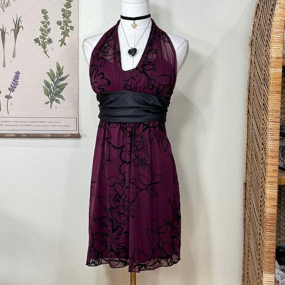 Y2k Floral Tie Back Halter Babydoll Dress Whimsigoth Dark Fairy Romantic Goth M - Picture 1 of 8